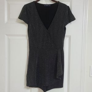 Zara herringbone metallic romper with ruffle skirt